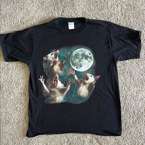 Funny Black T-Shirt with Opossum Trio and Moon